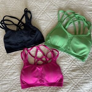 Athleta Strappy Sports Bra Trio - Blue, Green, Pink. Small